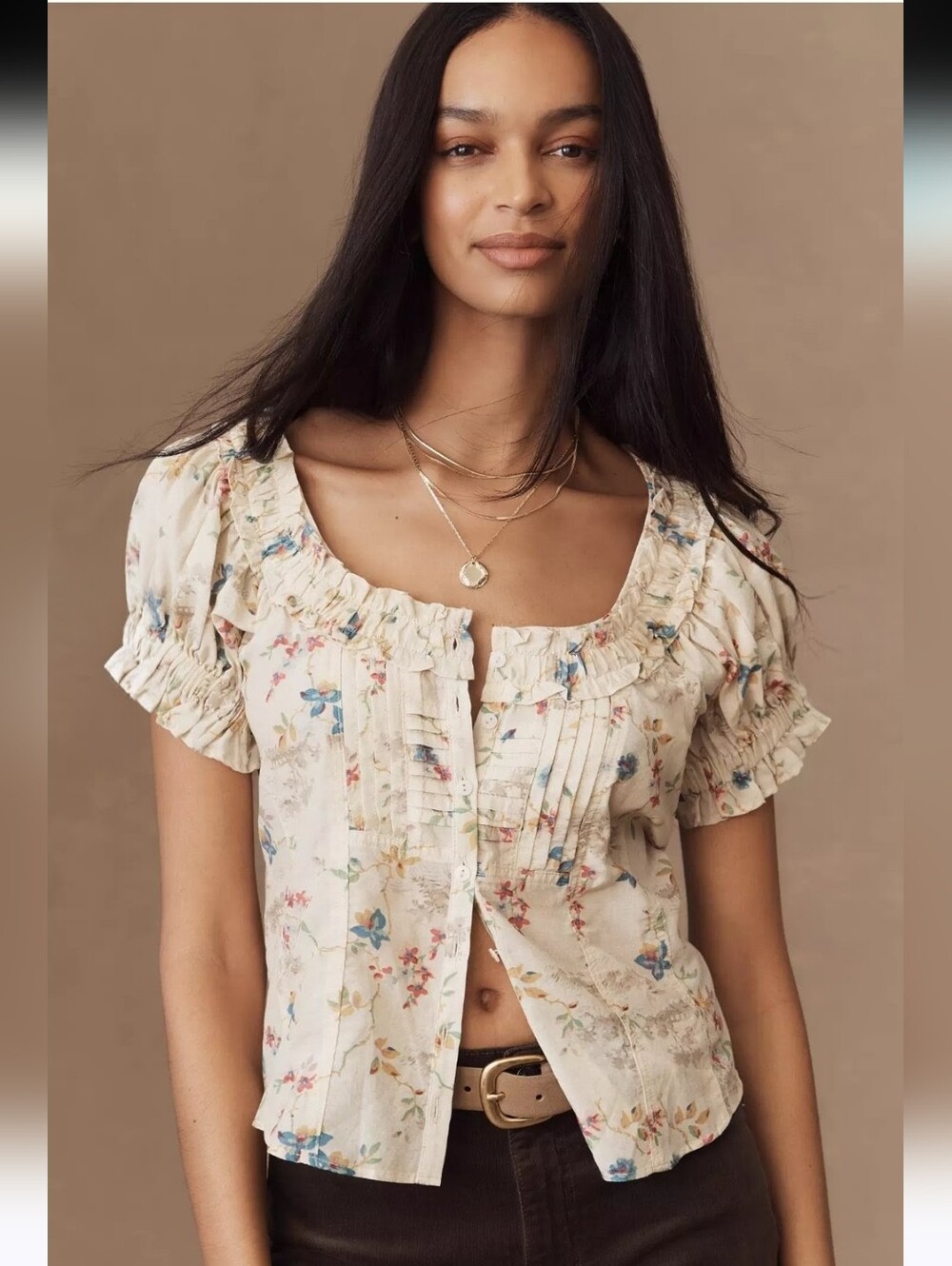 ANTHROPOLOGIE Pilcro Puff Sleeve Pintuck Cream Floral Peasant Top XS NWT
